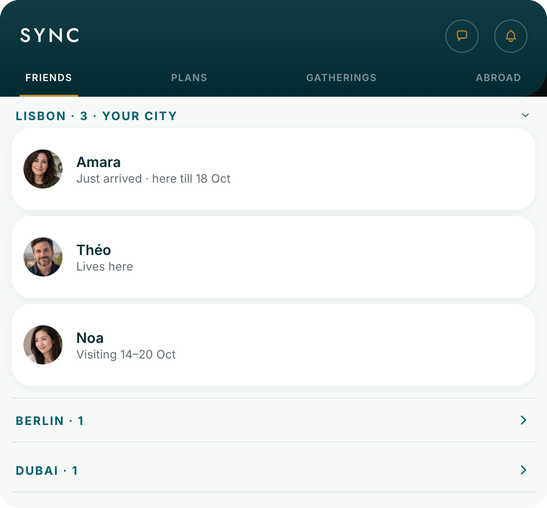 Sync — friends in your city, who's just arrived and who lives here