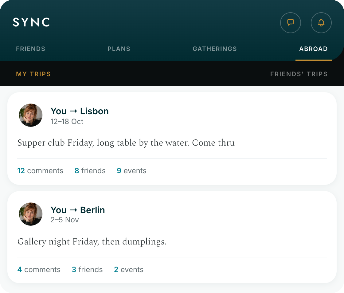 Sync — Abroad, your upcoming trips with comments, friends and events